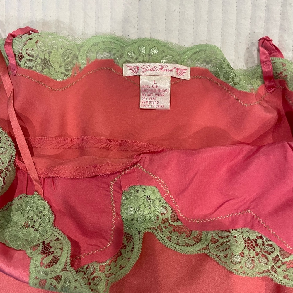 Pink Satin Slip with Pale Green Lace Trim - Women's Intimates ( Large) - Picture 6 of 11